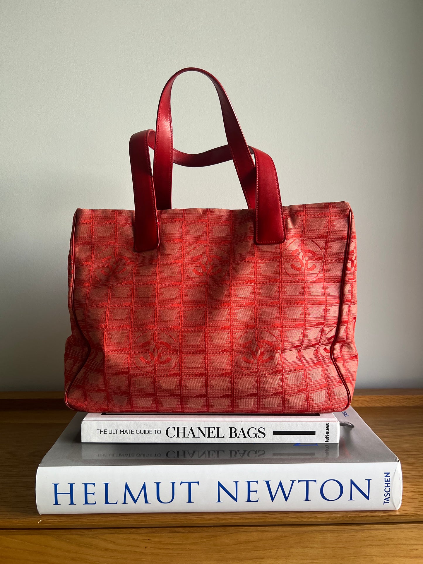 Chanel Travel Line Jacquard Tote and Pouch - Red RARE