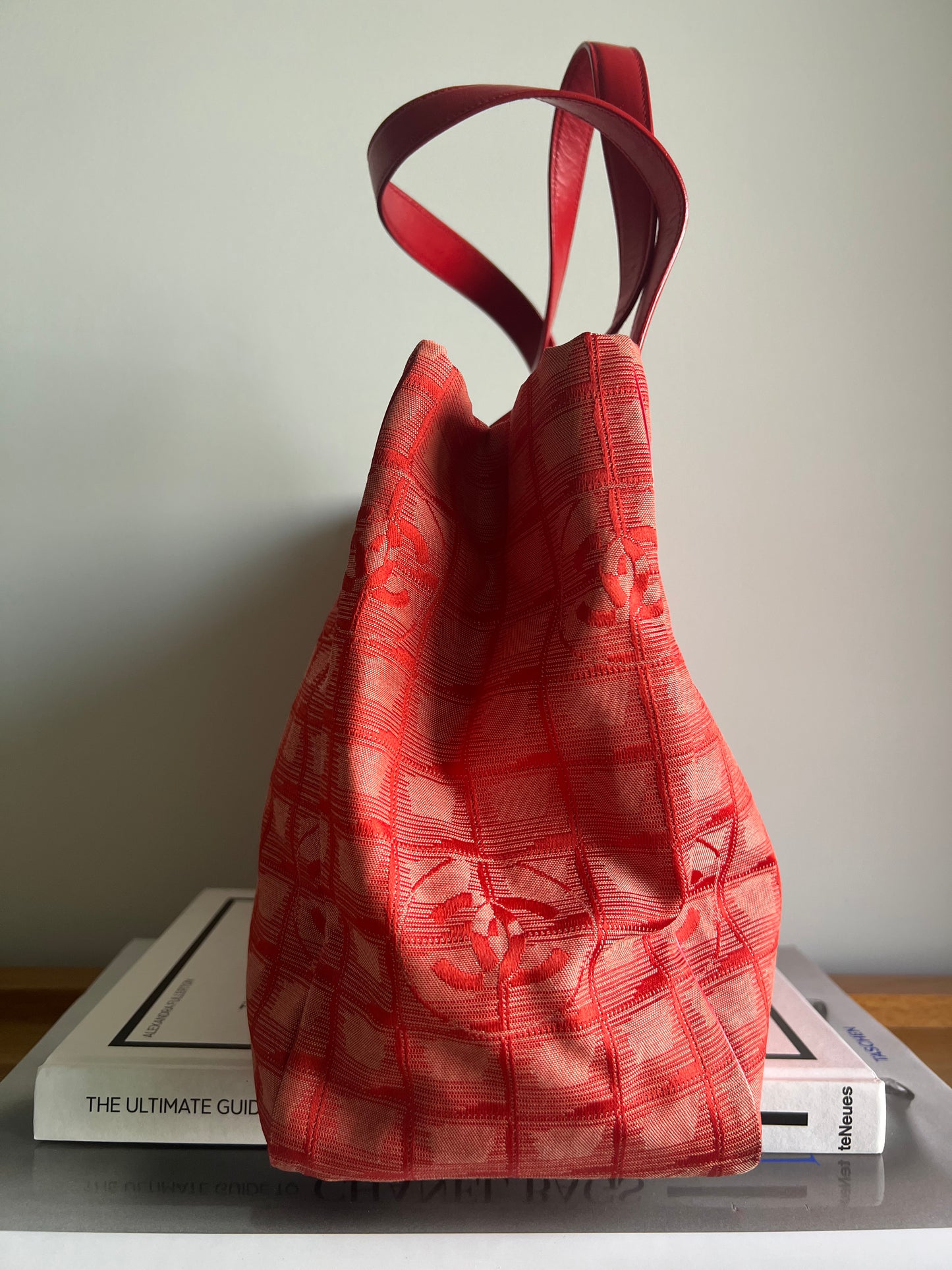 Chanel Travel Line Jacquard Tote and Pouch - Red RARE