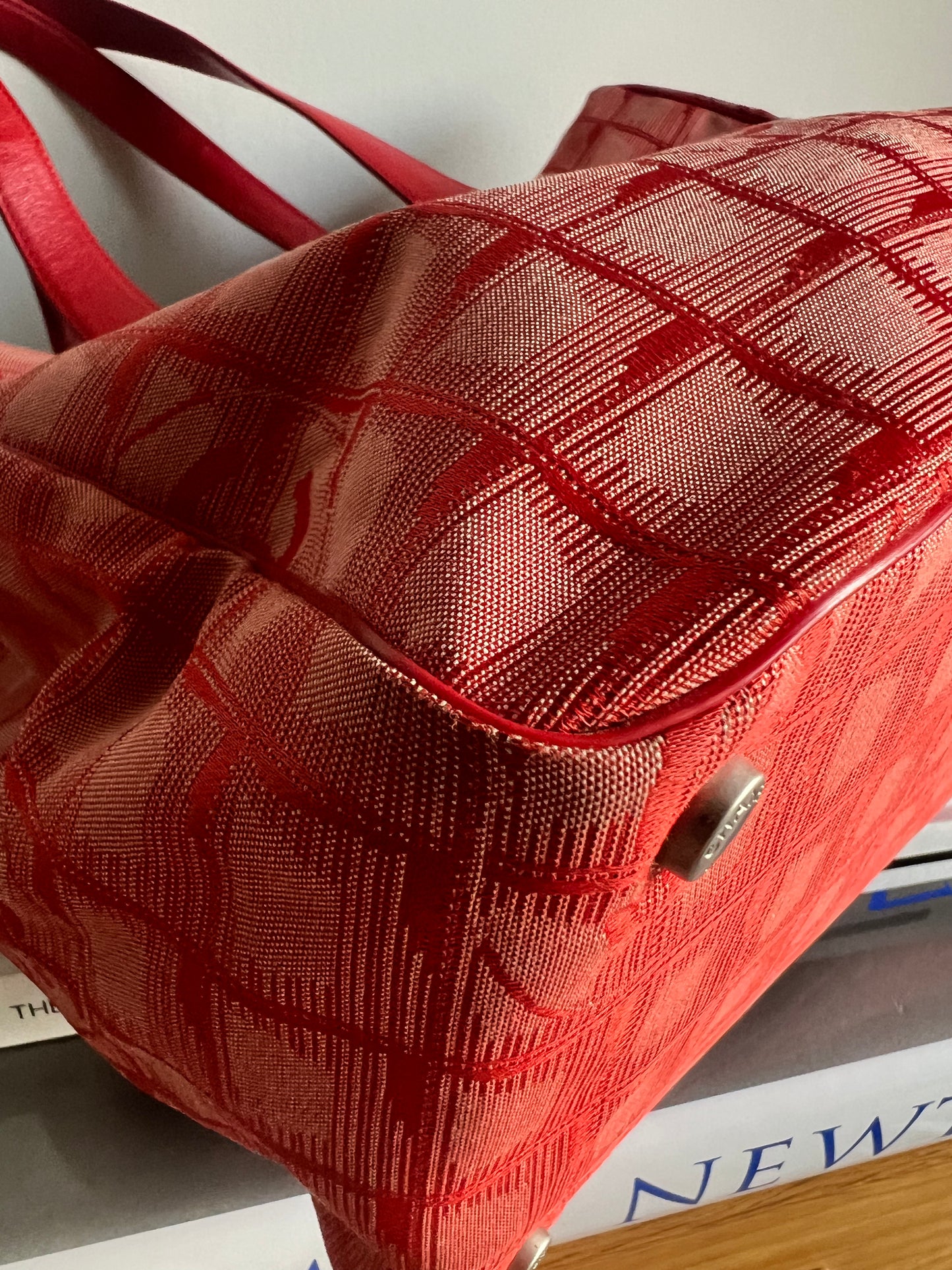 Chanel Travel Line Jacquard Tote and Pouch - Red RARE