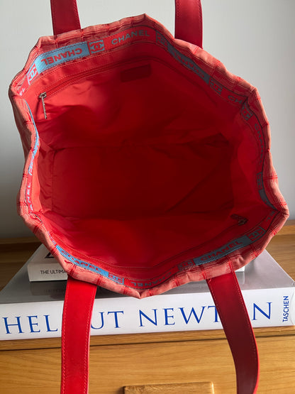 Chanel Travel Line Jacquard Tote and Pouch - Red RARE