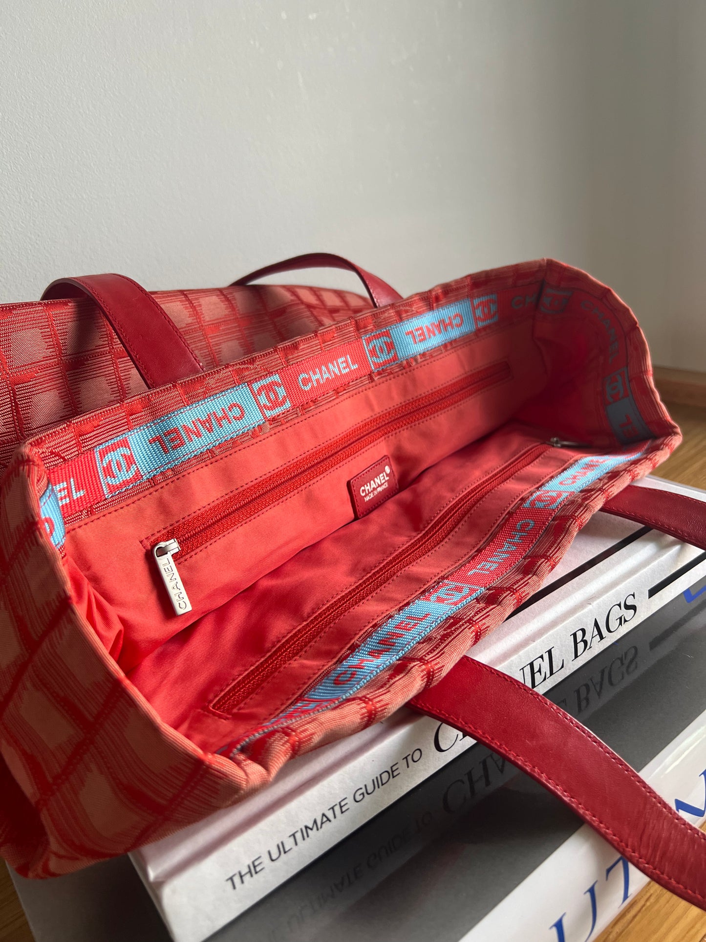 Chanel Travel Line Jacquard Tote and Pouch - Red RARE