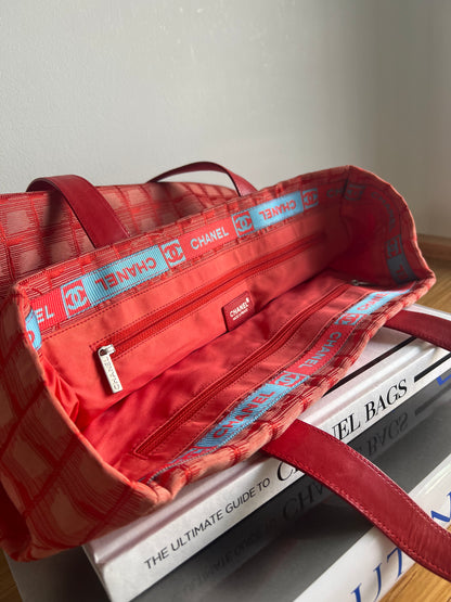 Chanel Travel Line Jacquard Tote and Pouch - Red RARE