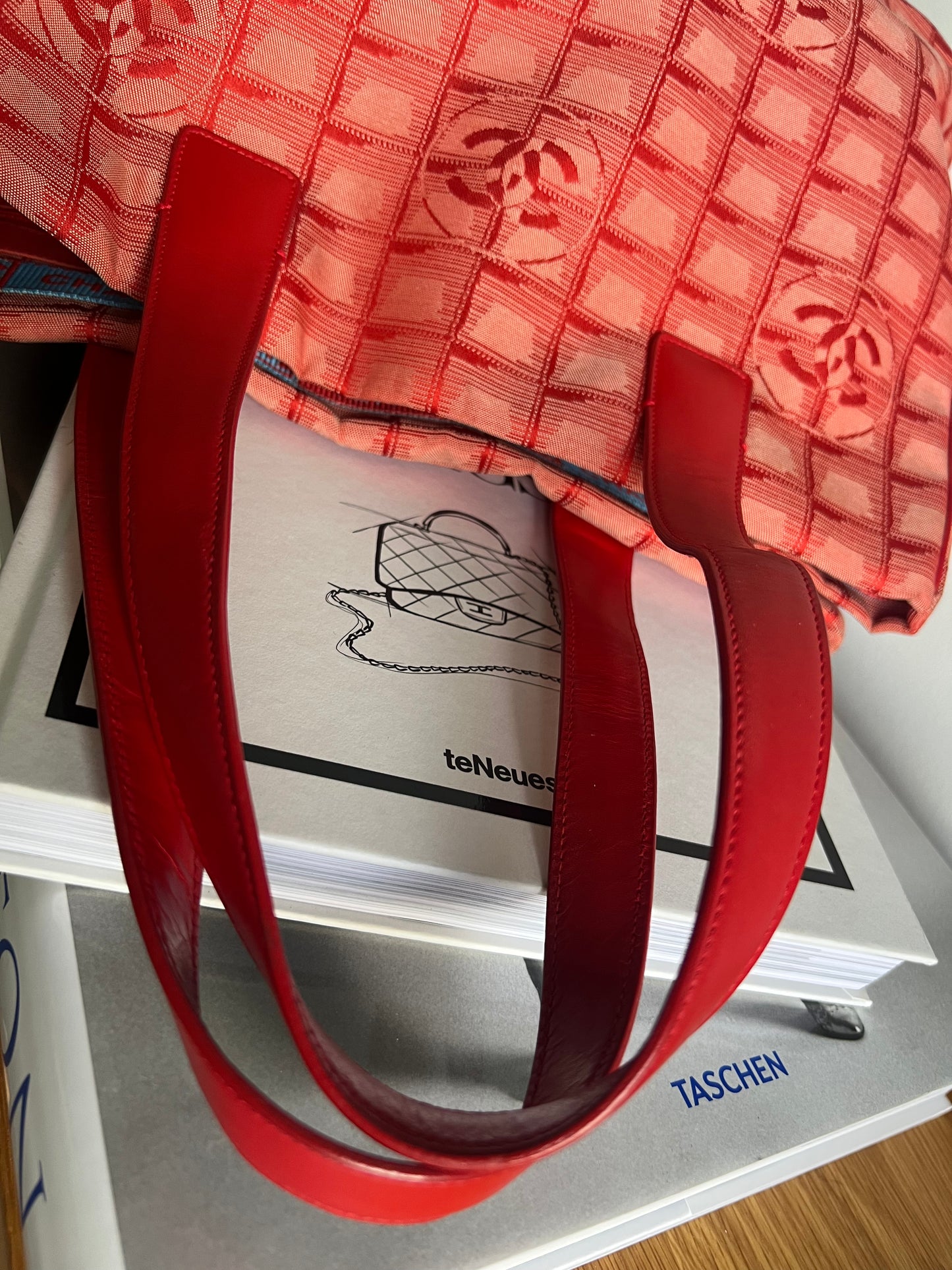 Chanel Travel Line Jacquard Tote and Pouch - Red RARE