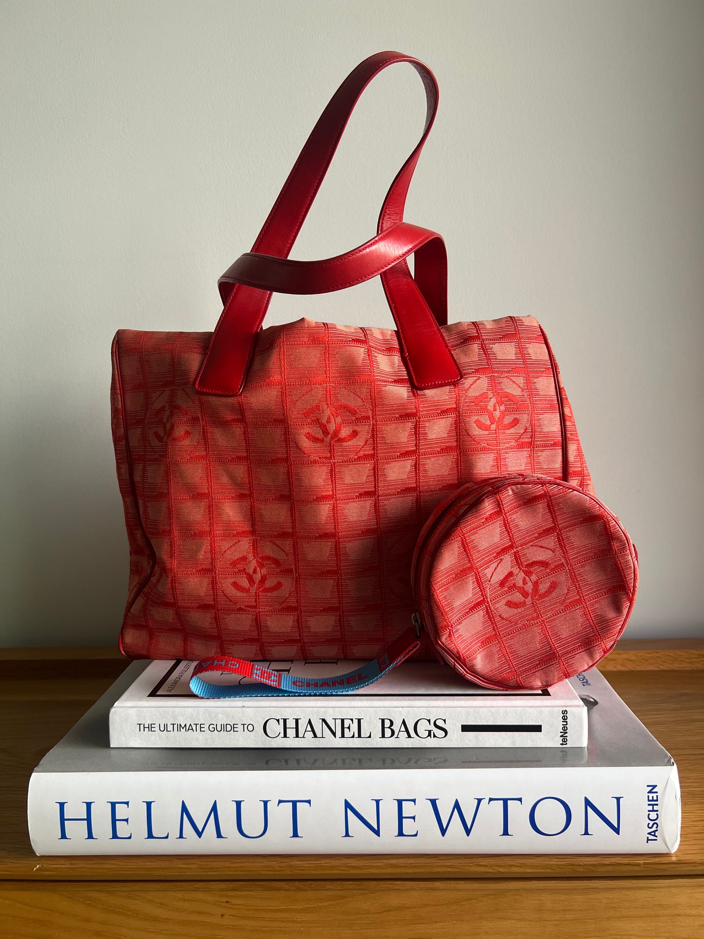 Chanel Travel Line Jacquard Tote and Pouch - Red RARE