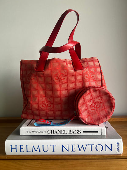 Chanel Travel Line Jacquard Tote and Pouch - Red RARE