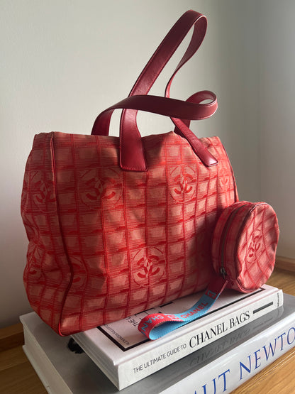 Chanel Travel Line Jacquard Tote and Pouch - Red RARE