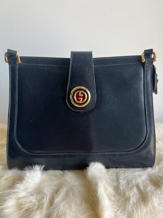 Gucci Round Logo Shoulder Bag - Navy Blue Box Leather
