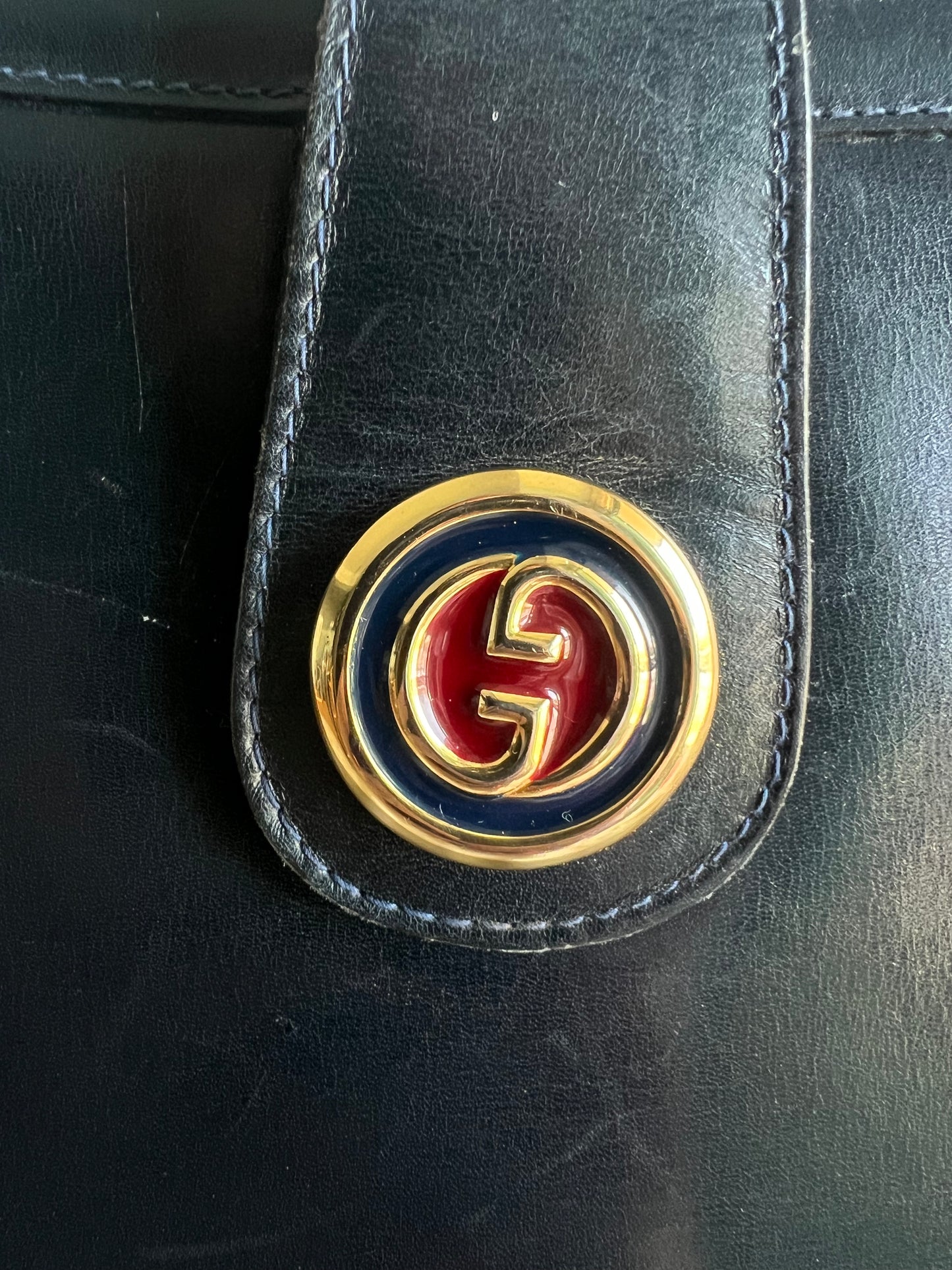 Gucci Round Logo Shoulder Bag - Navy Blue Box Leather