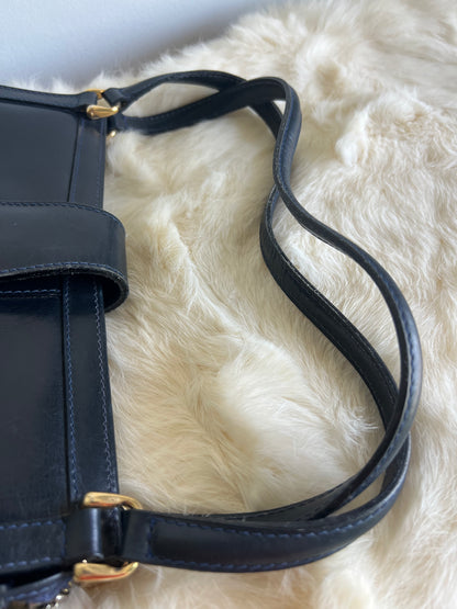 Gucci Round Logo Shoulder Bag - Navy Blue Box Leather