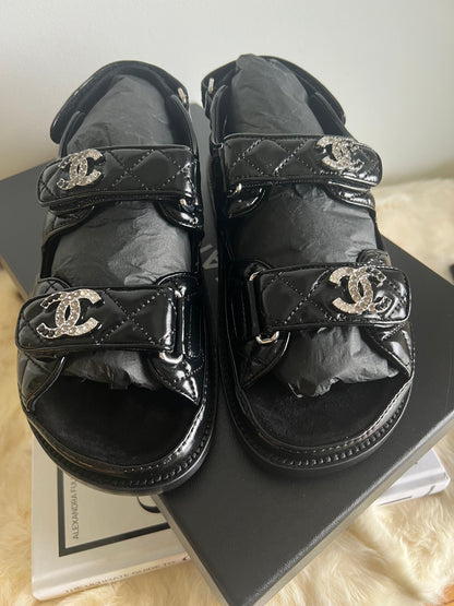 Chanel Shiny Calf Skin Dad Sandals with Crystals Size 38 New In Box