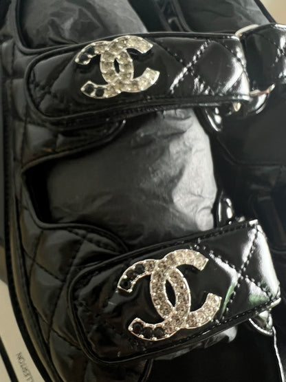 Chanel Shiny Calf Skin Dad Sandals with Crystals Size 38 New In Box
