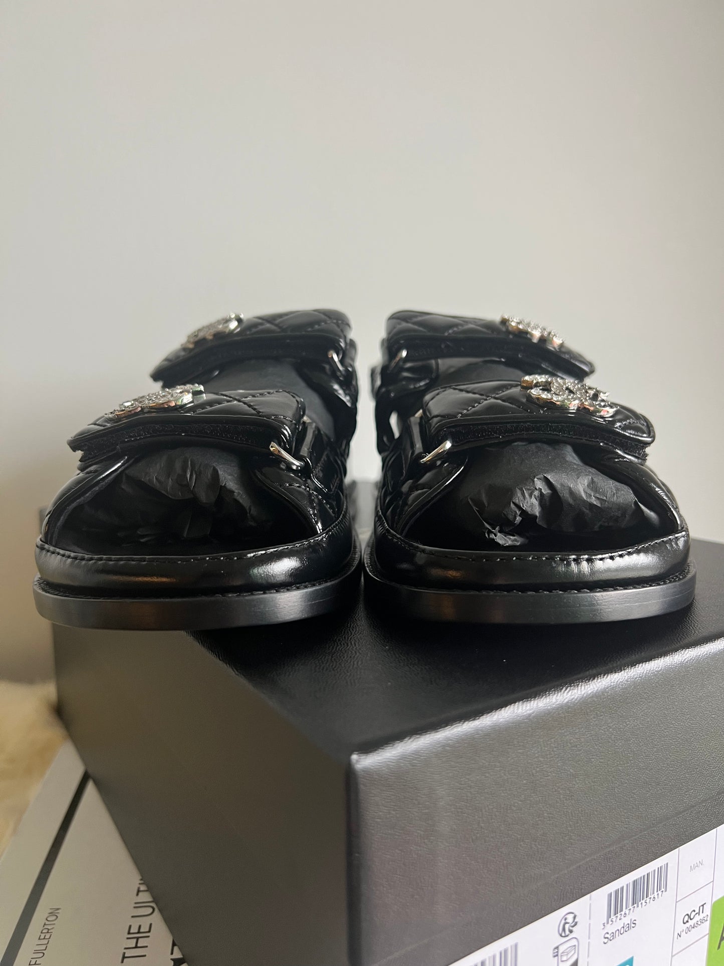 Chanel Shiny Calf Skin Dad Sandals with Crystals Size 38 New In Box