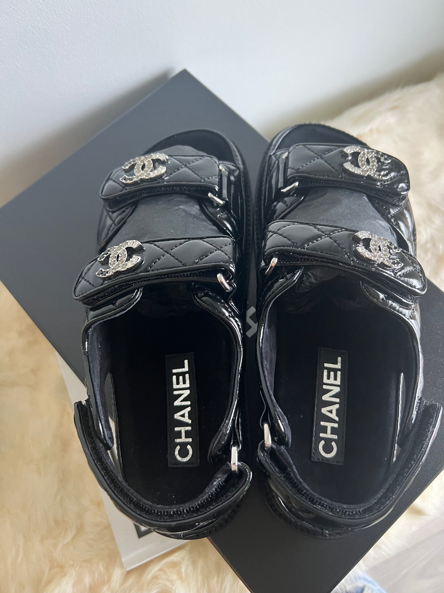 Chanel Shiny Calf Skin Dad Sandals with Crystals Size 38 New In Box