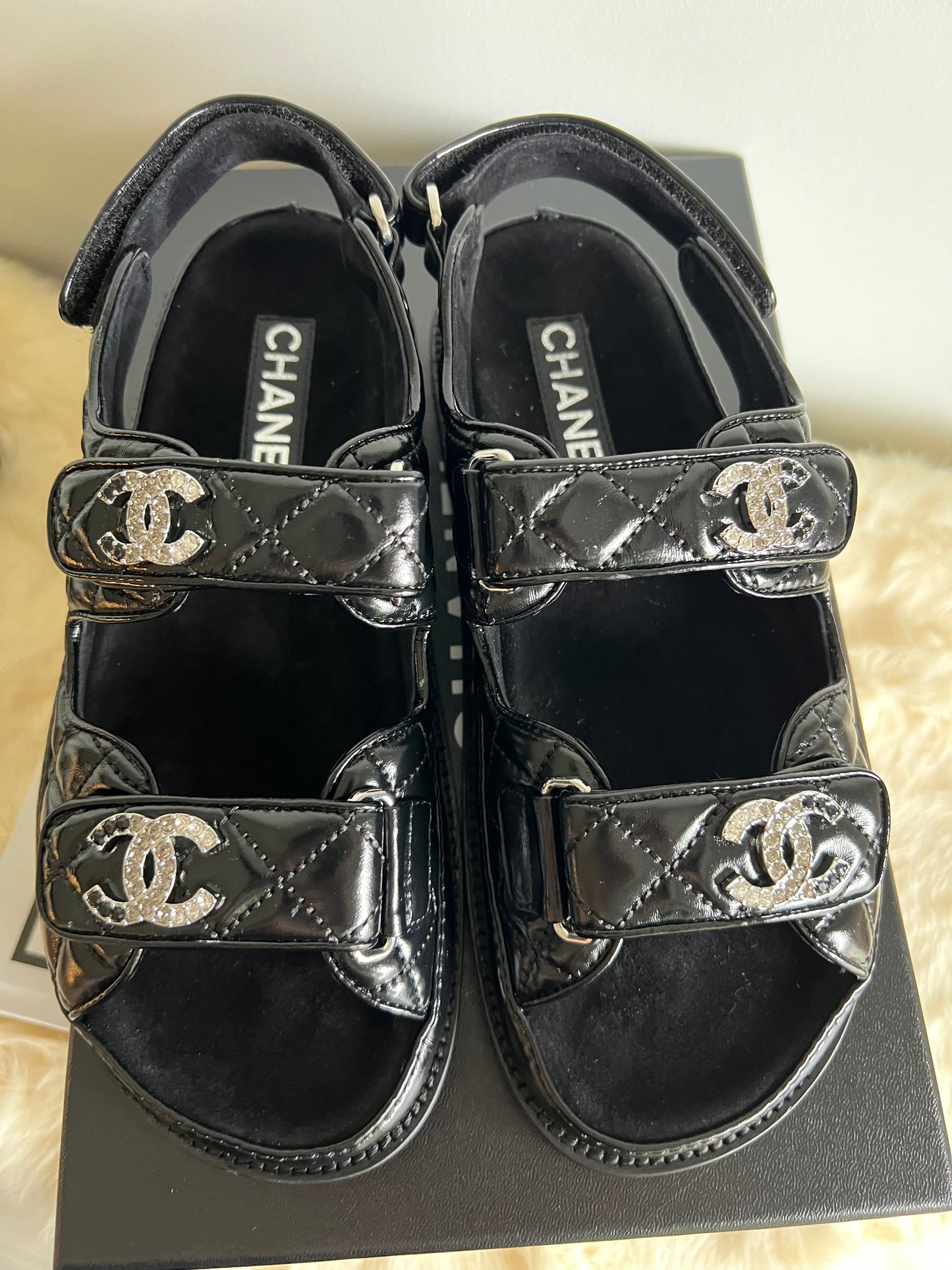 Chanel Shiny Calf Skin Dad Sandals with Crystals Size 38 New In Box
