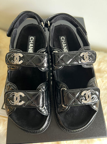 Chanel Shiny Calf Skin Dad Sandals with Crystals Size 38 New In Box
