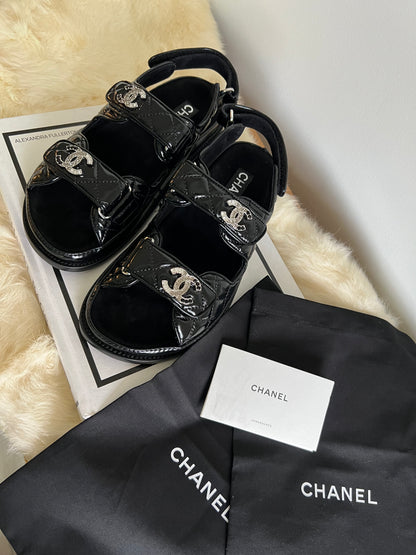 Chanel Shiny Calf Skin Dad Sandals with Crystals Size 38 New In Box