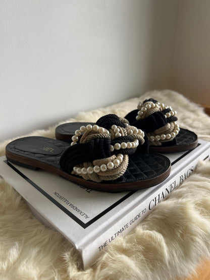 Chanel Cuba Braid Rope & Pearl Slides Size 38