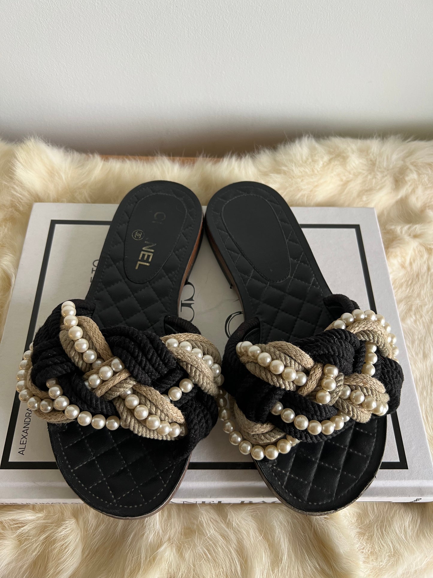 Chanel Cuba Braid Rope & Pearl Slides Size 38