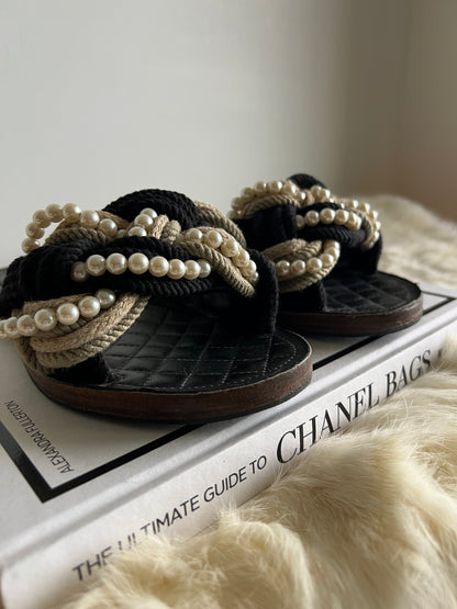 Chanel Cuba Braid Rope & Pearl Slides Size 38