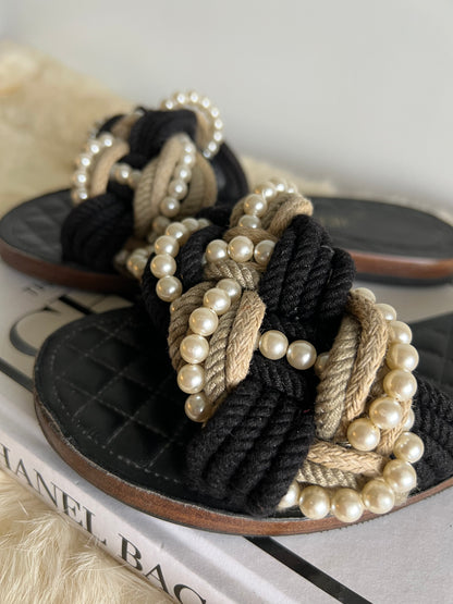 Chanel Cuba Braid Rope & Pearl Slides Size 38