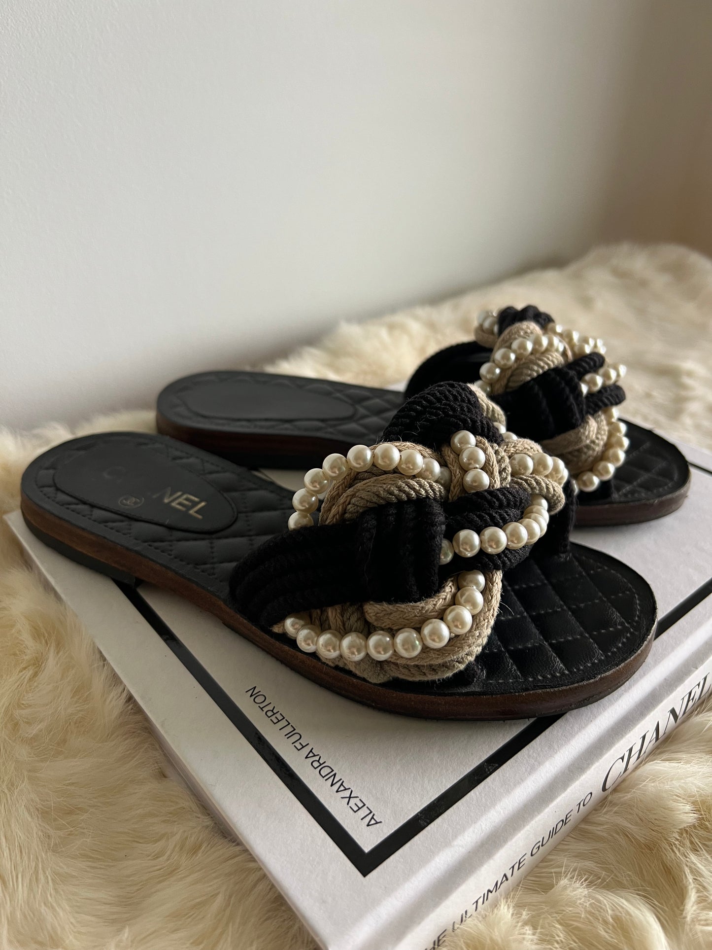 Chanel Cuba Braid Rope & Pearl Slides Size 38