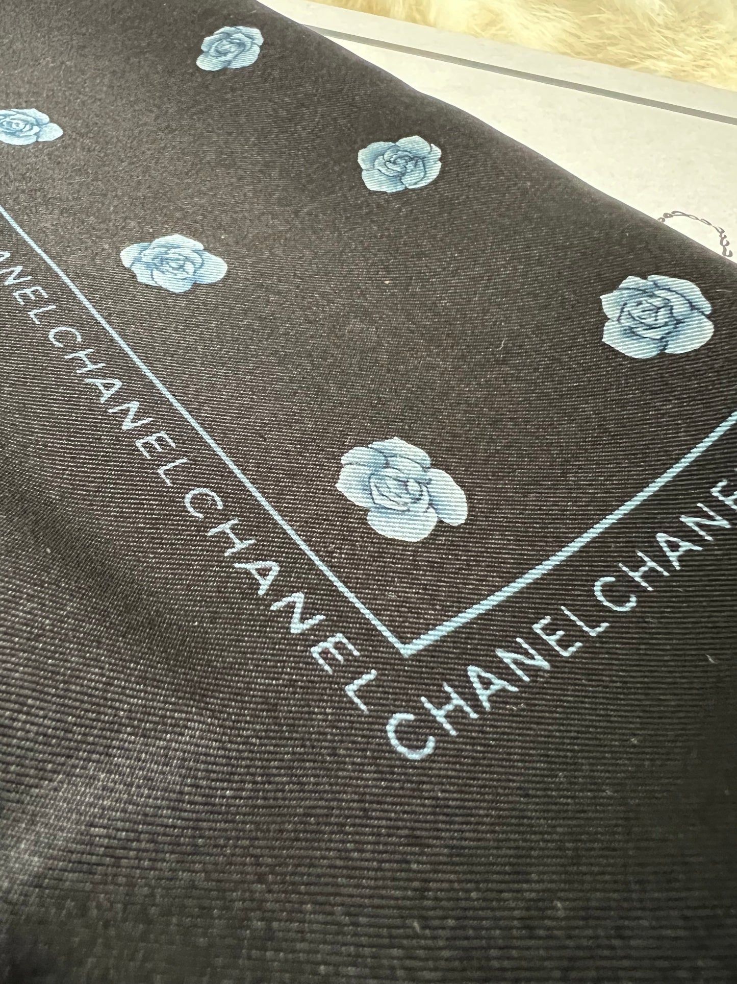 Chanel Silk Scarf Blue Camellia - Small 18x18"