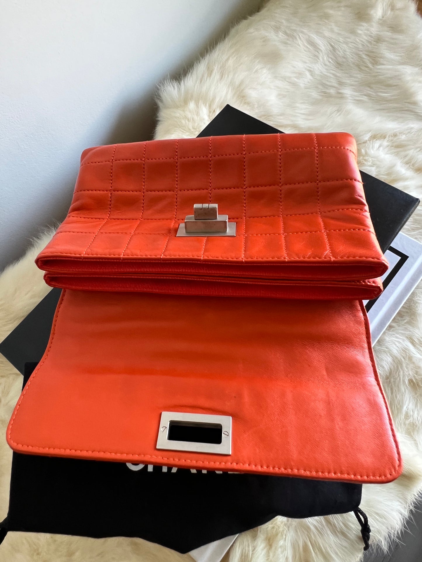 Chanel Orange Lamb Chocolate Bar Clutch 6 Series