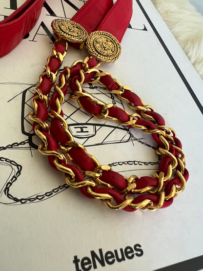Chanel Red Leather and Chain Bow Belt