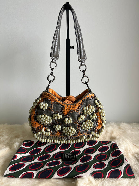 Jamin Puech Mini shoulder bag with shells in ivory, orange velvet with gunmetal beading