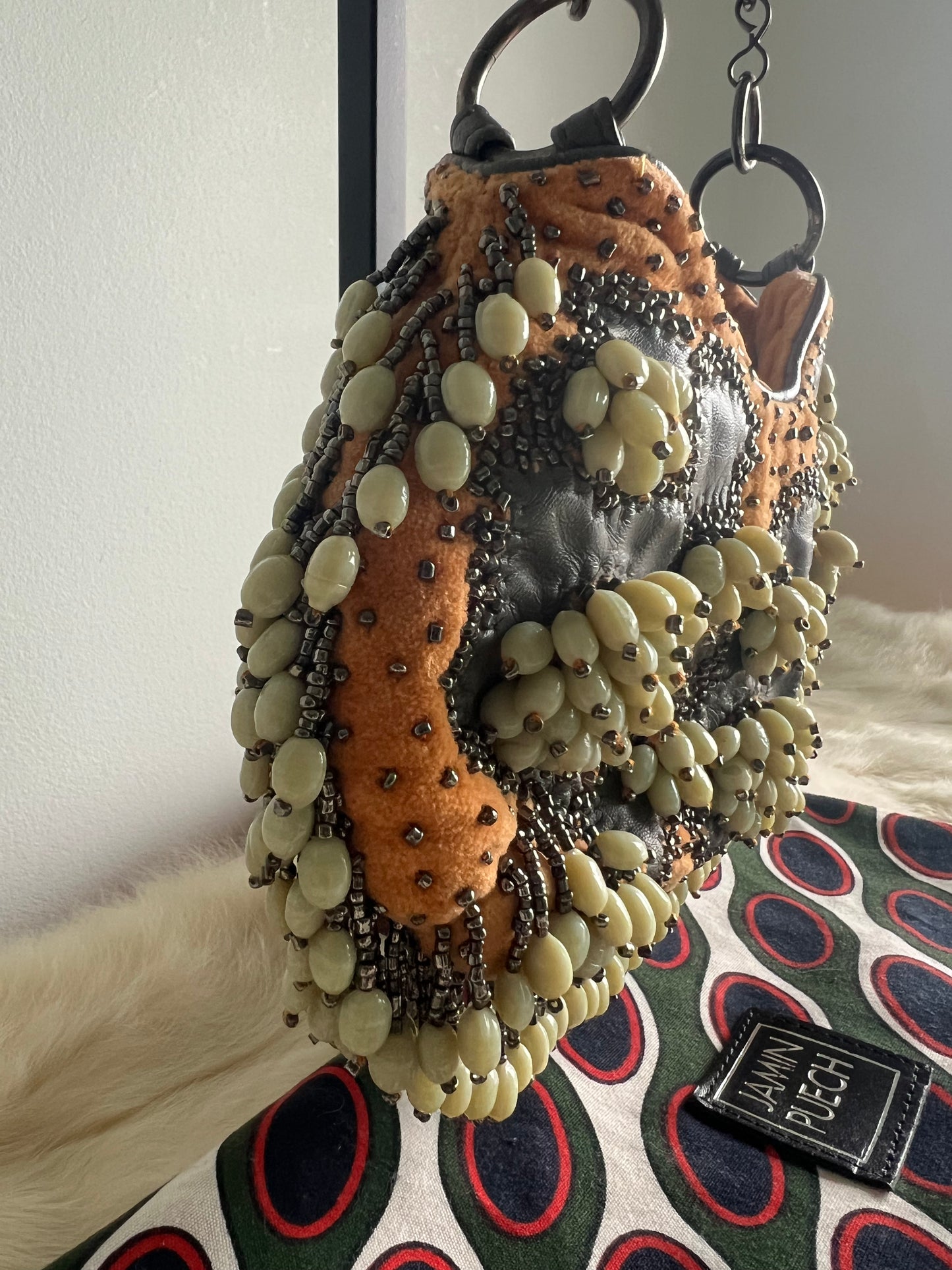 Jamin Puech Mini shoulder bag with shells in ivory, orange velvet with gunmetal beading