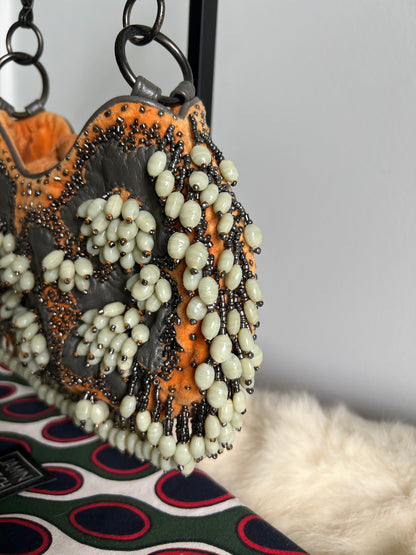 Jamin Puech Mini shoulder bag with shells in ivory, orange velvet with gunmetal beading