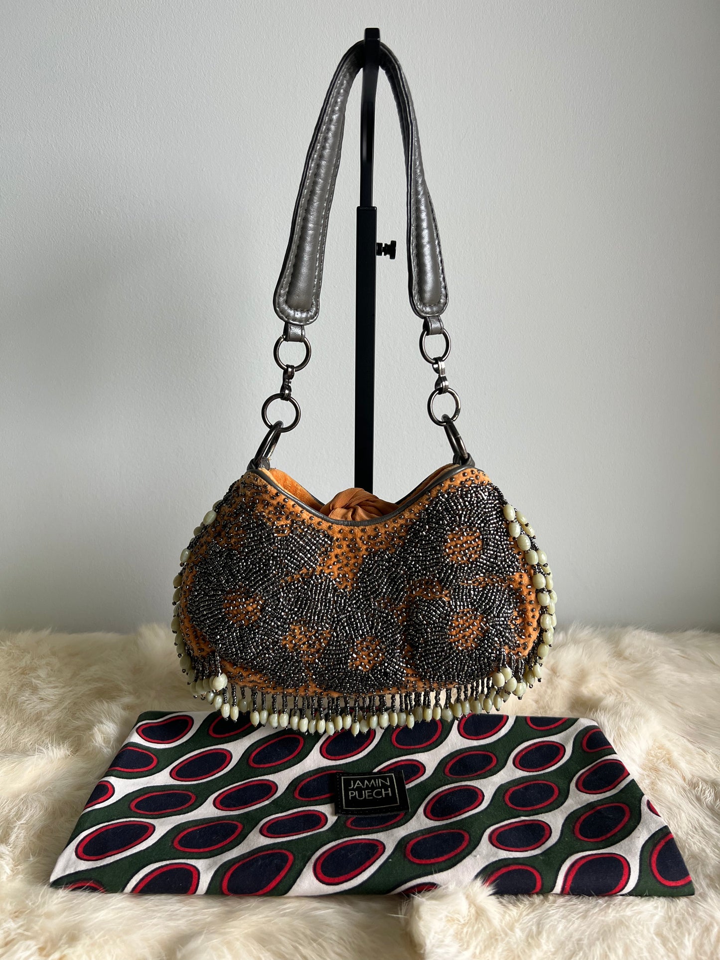 Jamin Puech Mini shoulder bag with shells in ivory, orange velvet with gunmetal beading