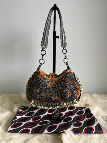 Jamin Puech Mini shoulder bag with shells in ivory, orange velvet with gunmetal beading