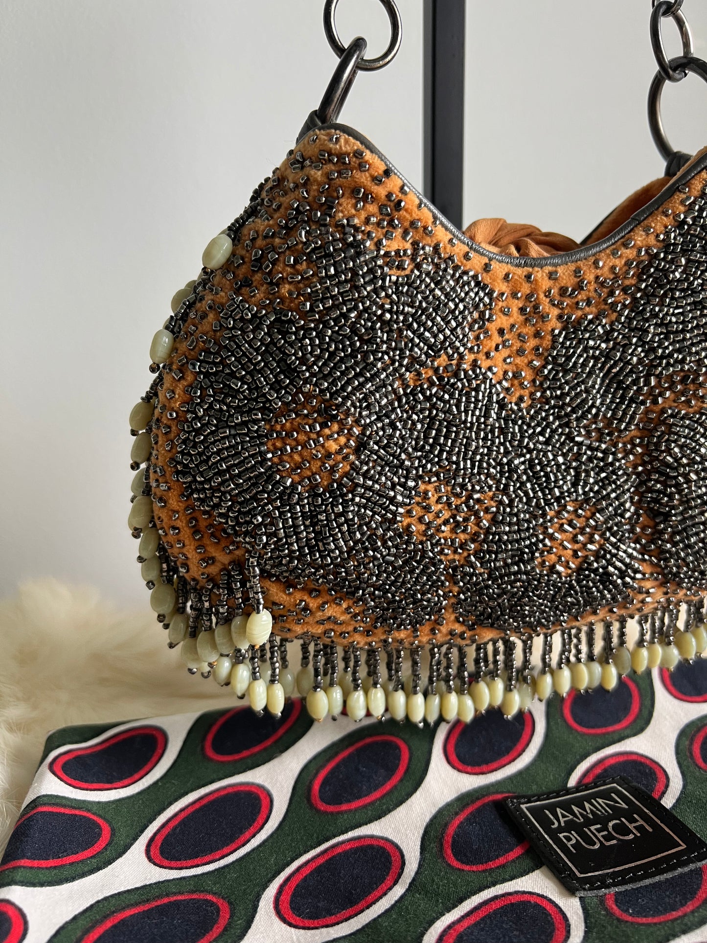 Jamin Puech Mini shoulder bag with shells in ivory, orange velvet with gunmetal beading