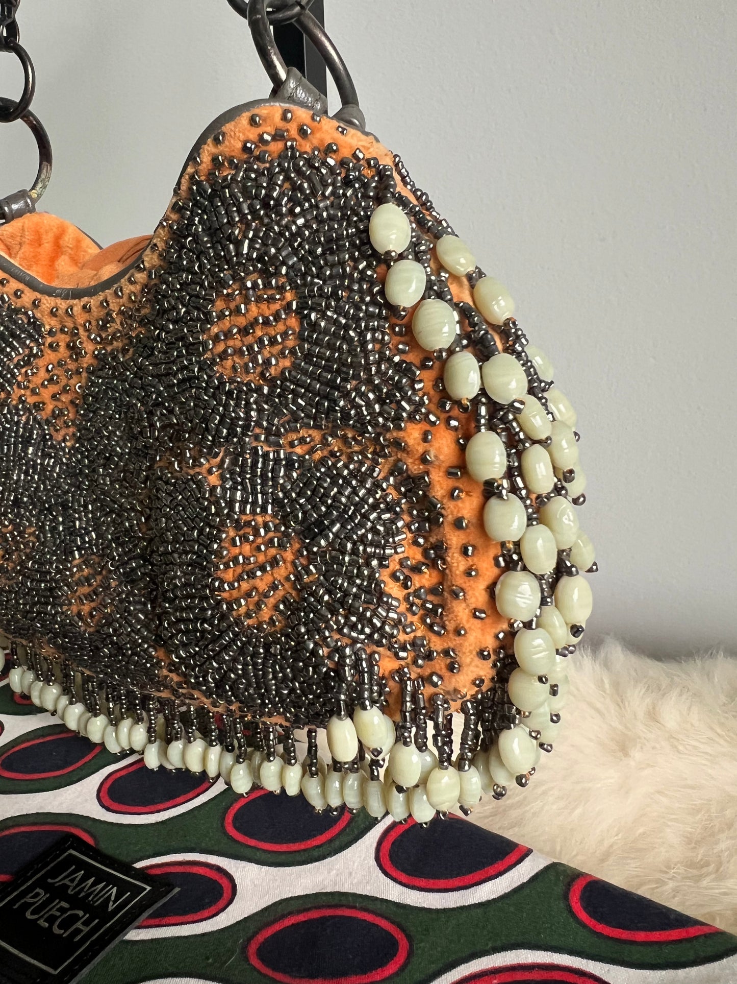 Jamin Puech Mini shoulder bag with shells in ivory, orange velvet with gunmetal beading
