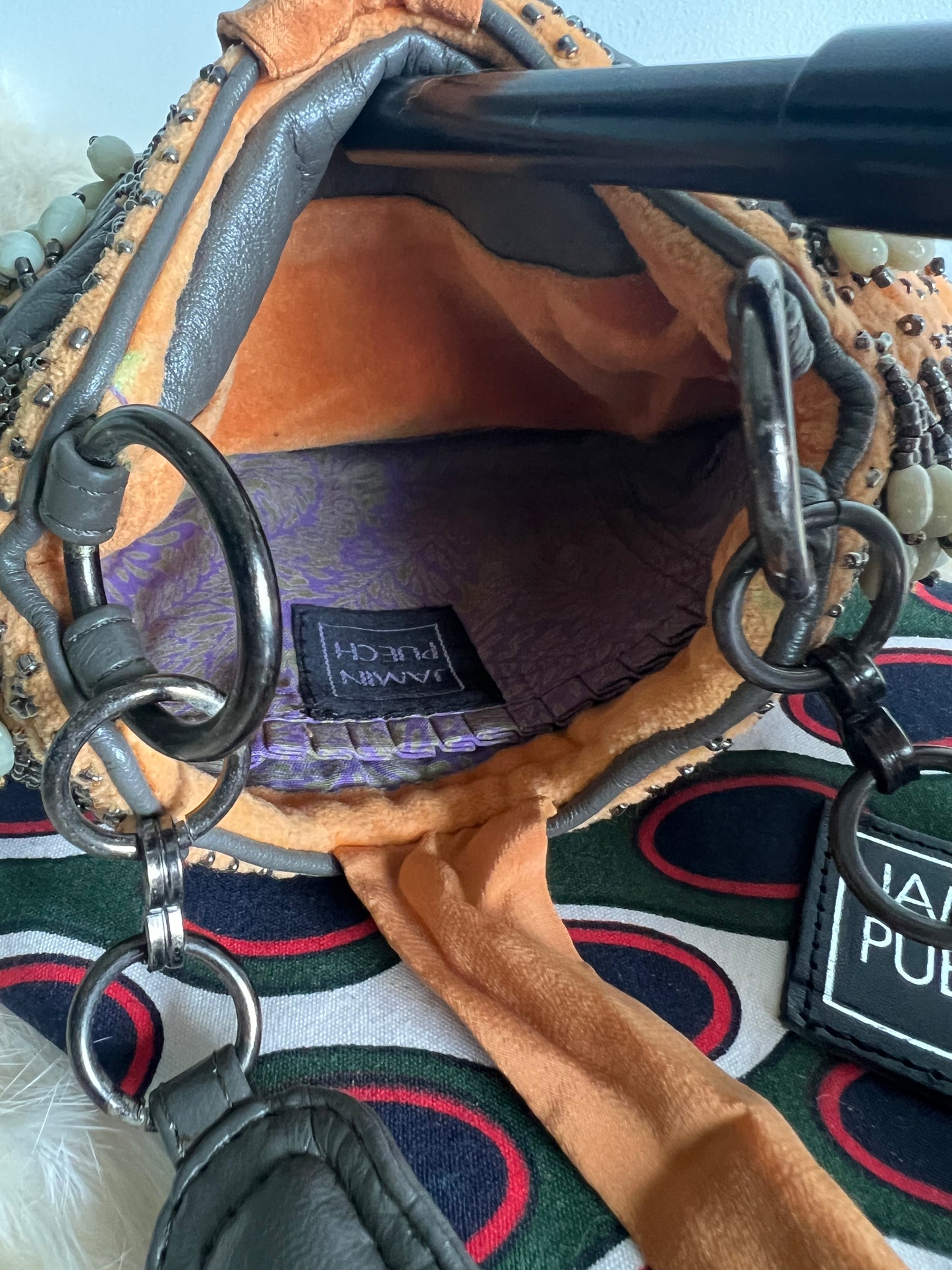 Jamin Puech Mini shoulder bag with shells in ivory, orange velvet with gunmetal beading