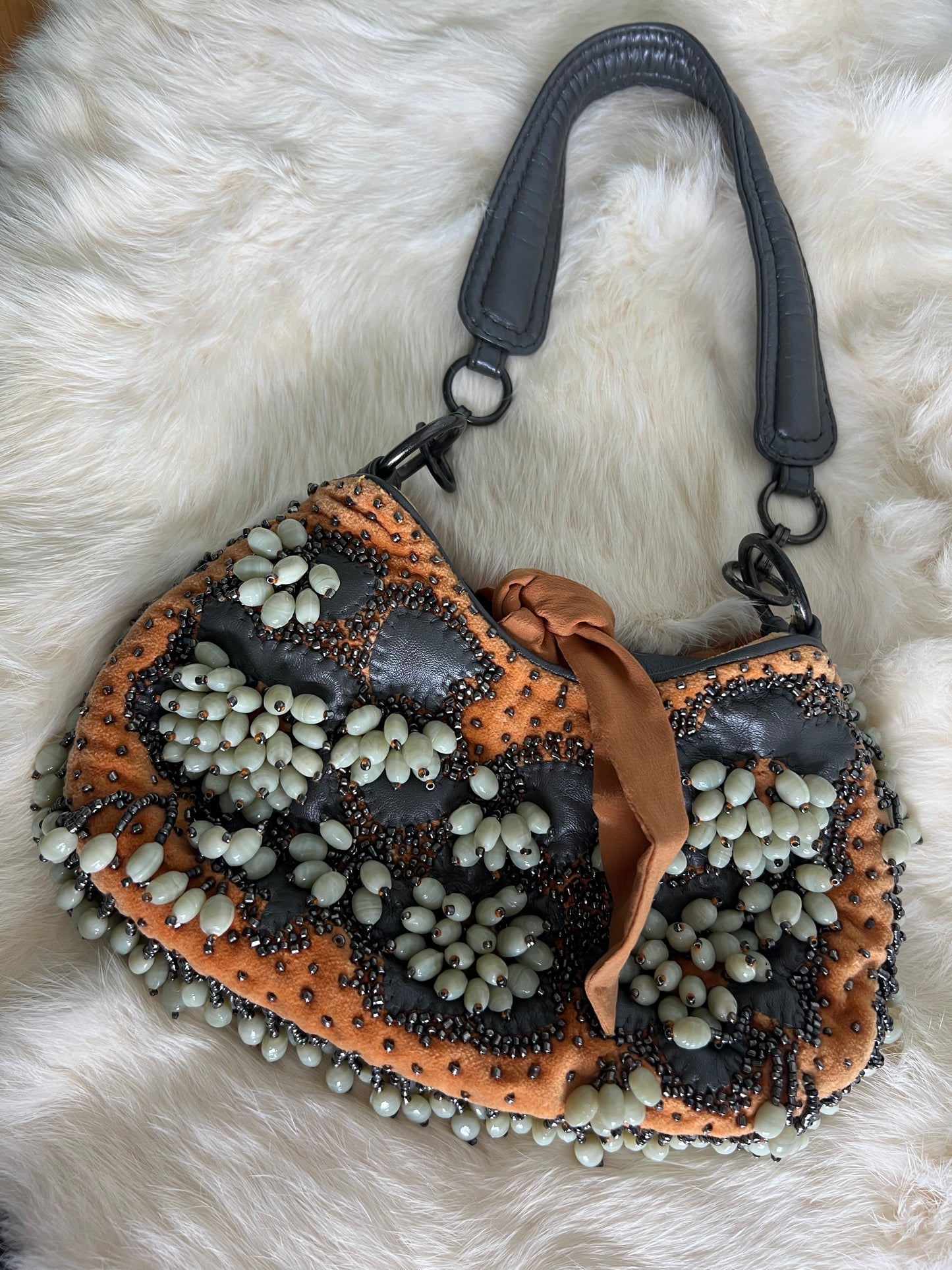 Jamin Puech Mini shoulder bag with shells in ivory, orange velvet with gunmetal beading