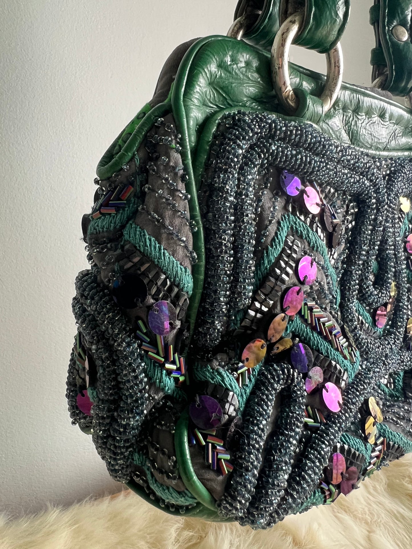 Jamin Puech Medium Sized Green Leather and Iridescent Beading
