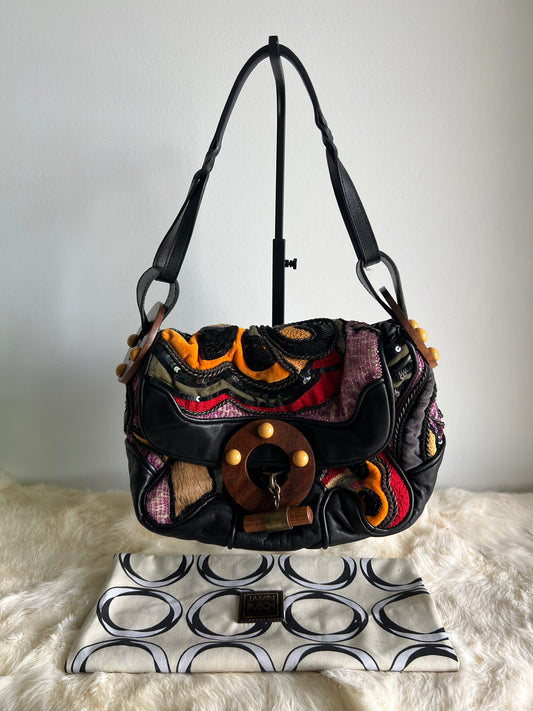 Jamin Puech Patchwork - Black Lamb, Pony Hair and Red/Orange/Purple with Wooden Details