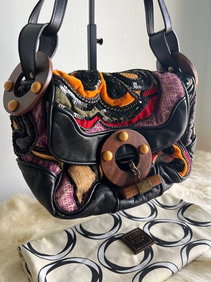 Jamin Puech Patchwork - Black Lamb, Pony Hair and Red/Orange/Purple with Wooden Details