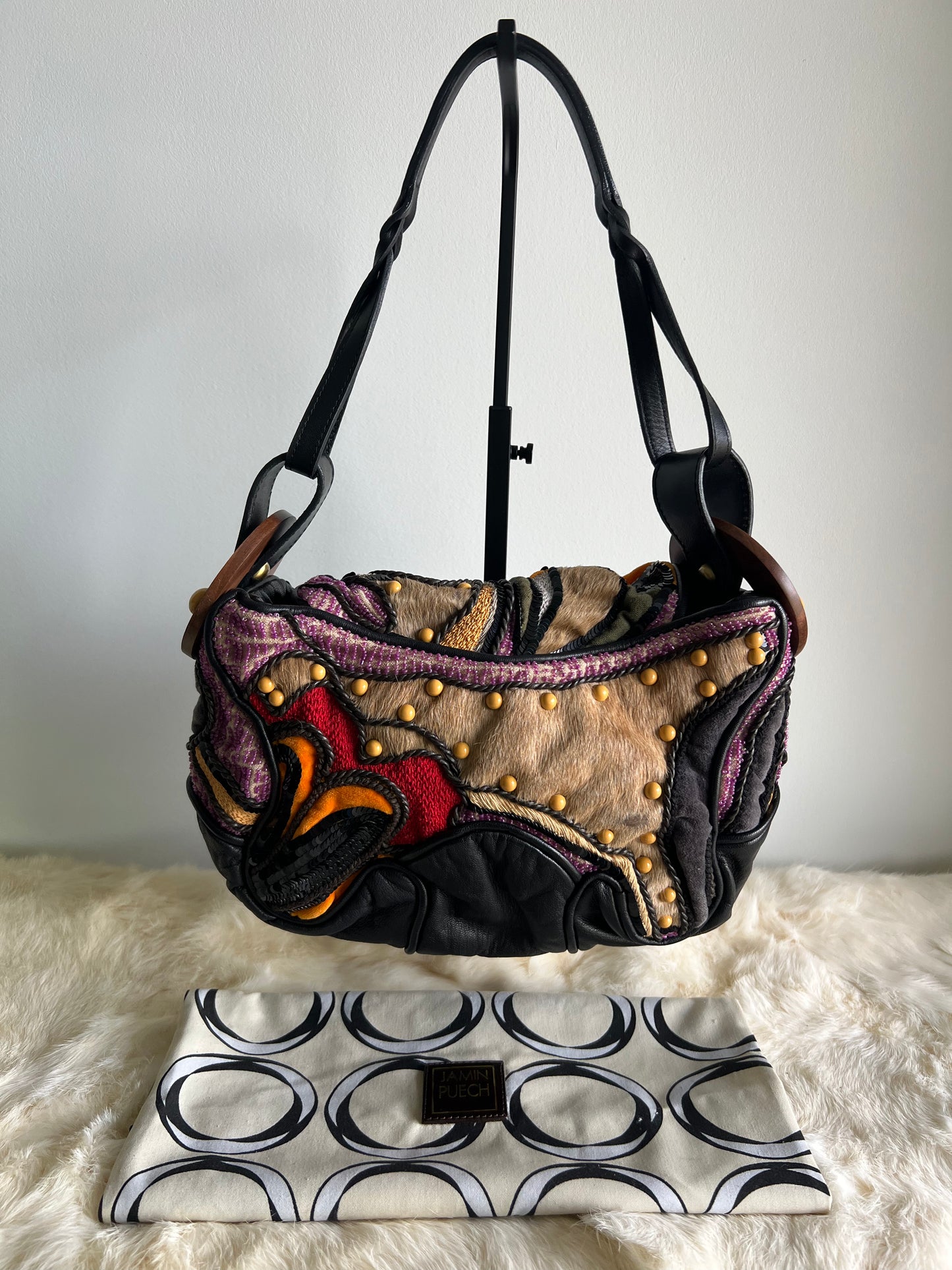 Jamin Puech Patchwork - Black Lamb, Pony Hair and Red/Orange/Purple with Wooden Details