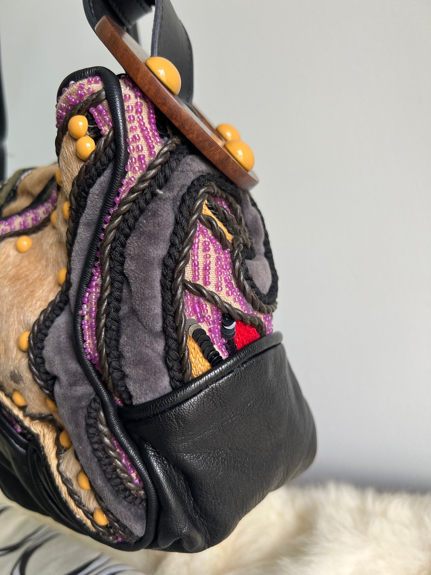 Jamin Puech Patchwork - Black Lamb, Pony Hair and Red/Orange/Purple with Wooden Details