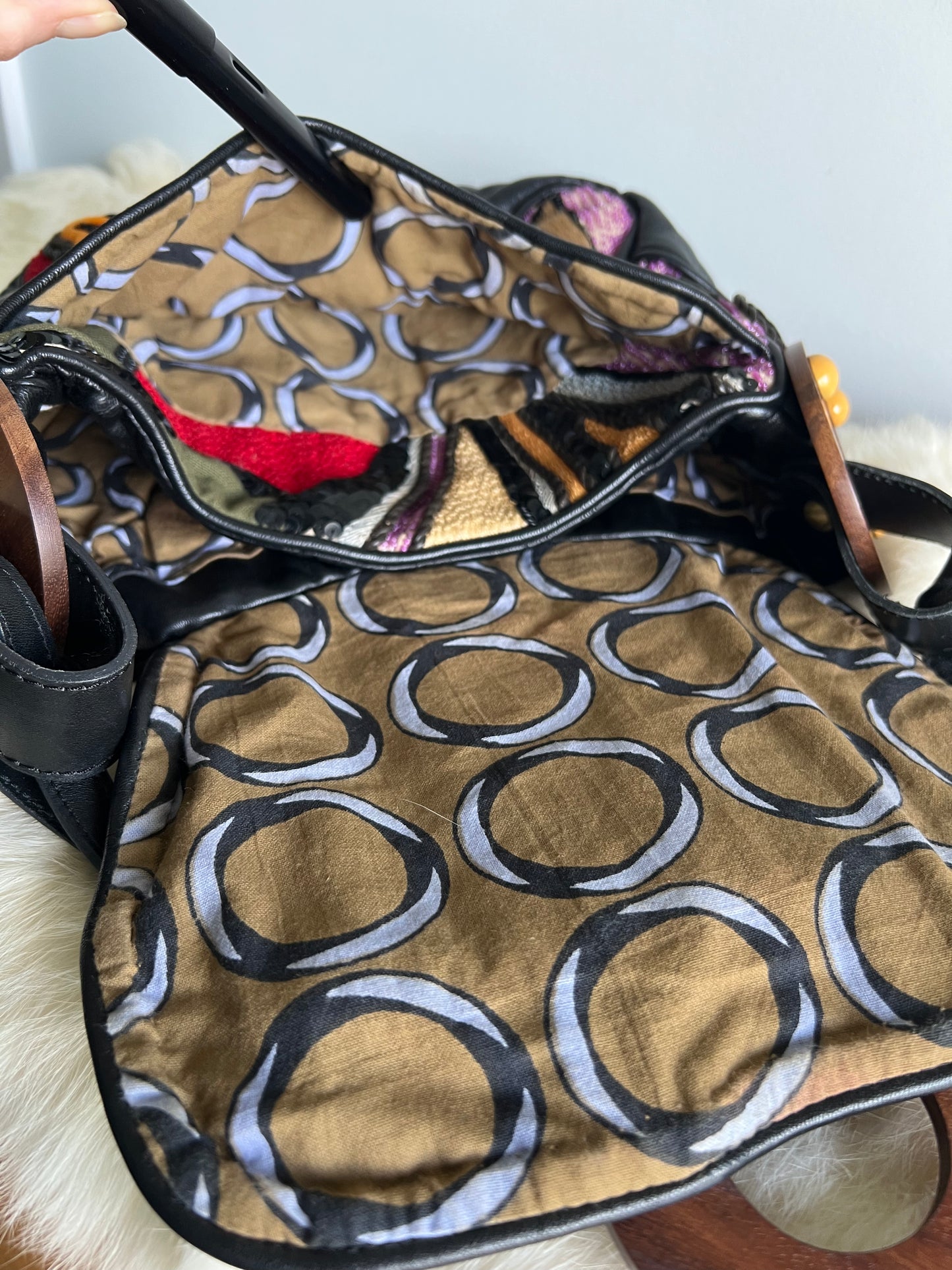 Jamin Puech Patchwork - Black Lamb, Pony Hair and Red/Orange/Purple with Wooden Details