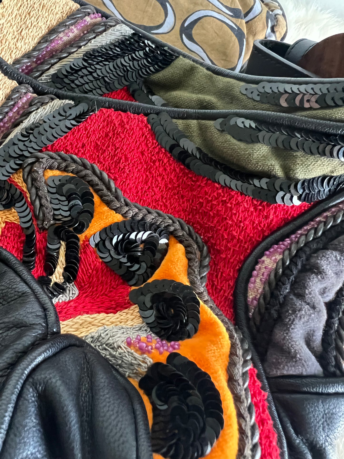 Jamin Puech Patchwork - Black Lamb, Pony Hair and Red/Orange/Purple with Wooden Details