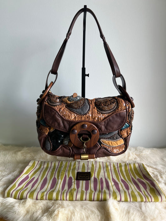 Jamin Puech Large Shoulder Bag in Neutrals with Wood