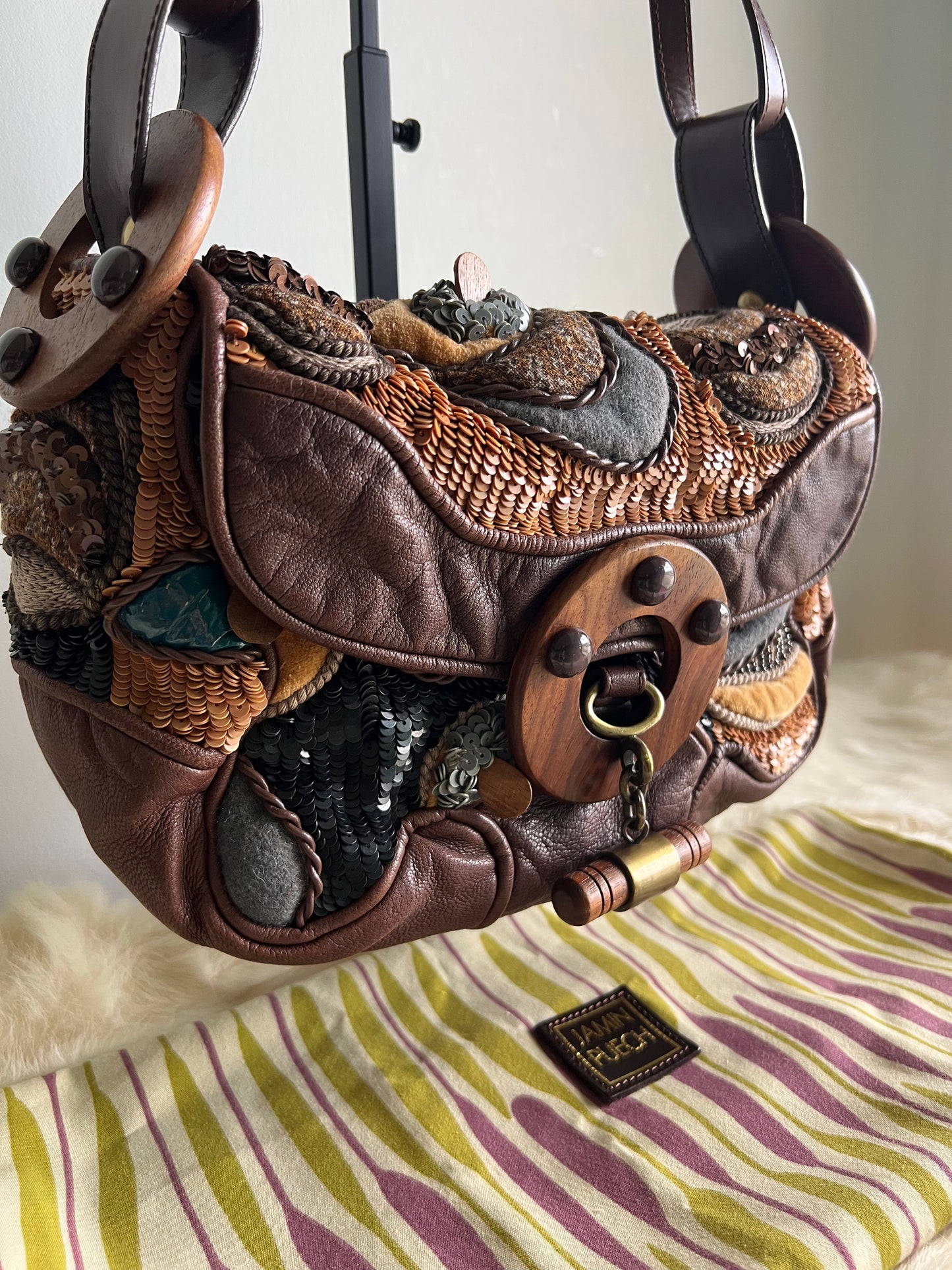 Jamin Puech Large Shoulder Bag in Neutrals with Wood