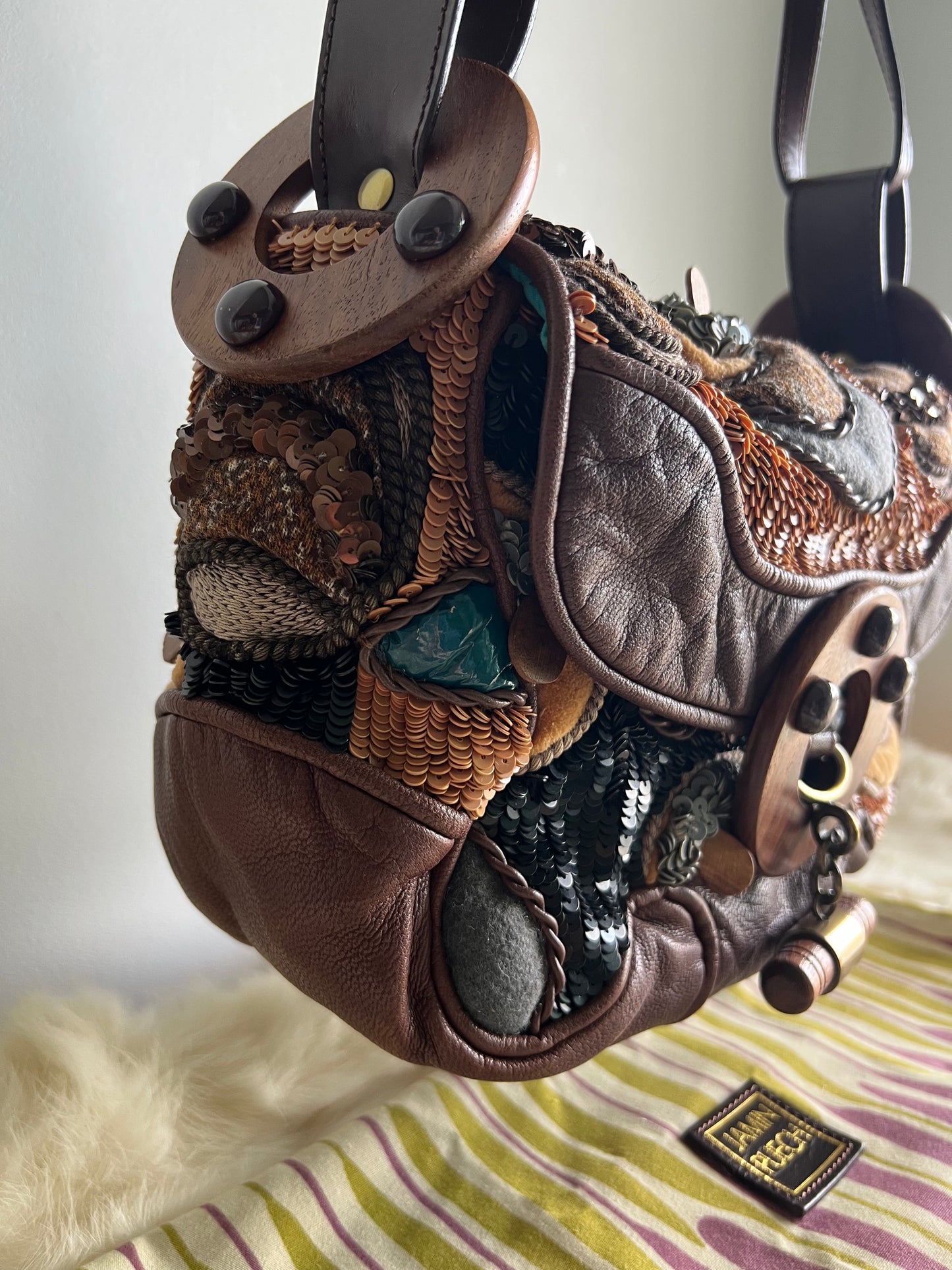 Jamin Puech Large Shoulder Bag in Neutrals with Wood