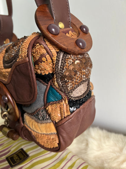 Jamin Puech Large Shoulder Bag in Neutrals with Wood