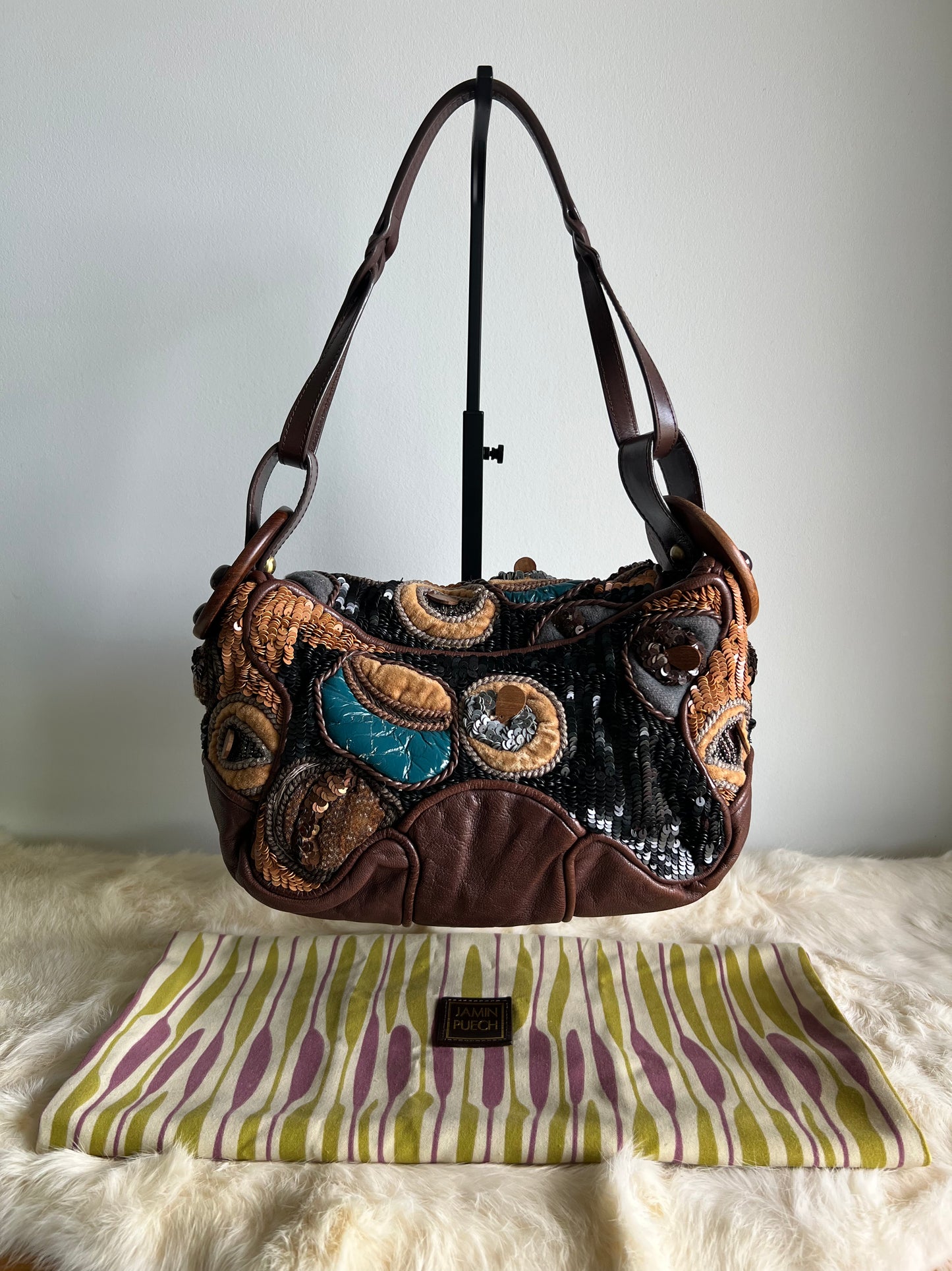 Jamin Puech Large Shoulder Bag in Neutrals with Wood
