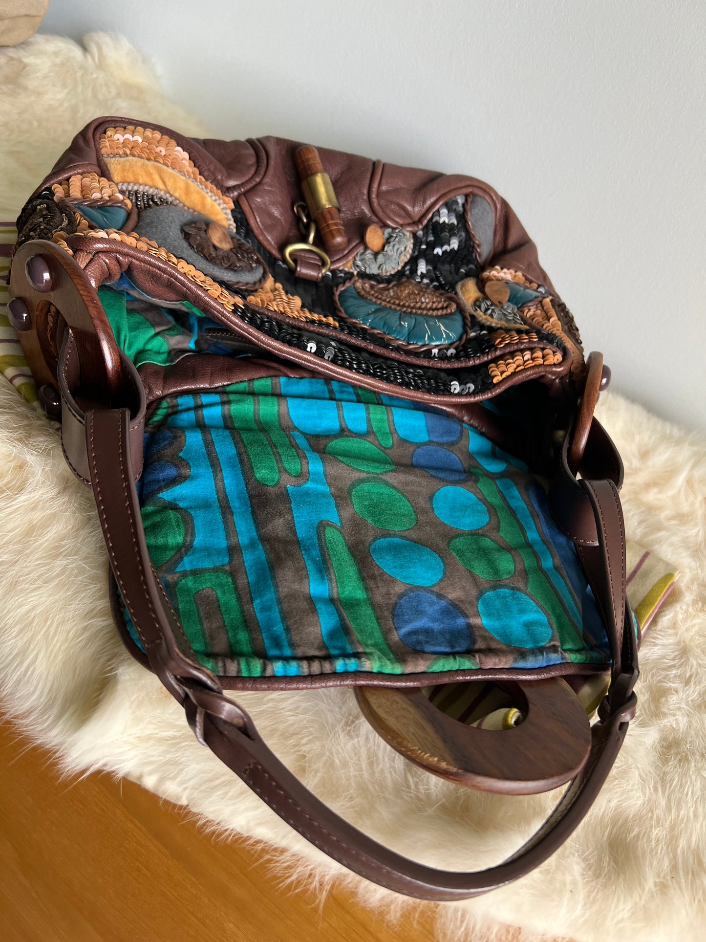 Jamin Puech Large Shoulder Bag in Neutrals with Wood